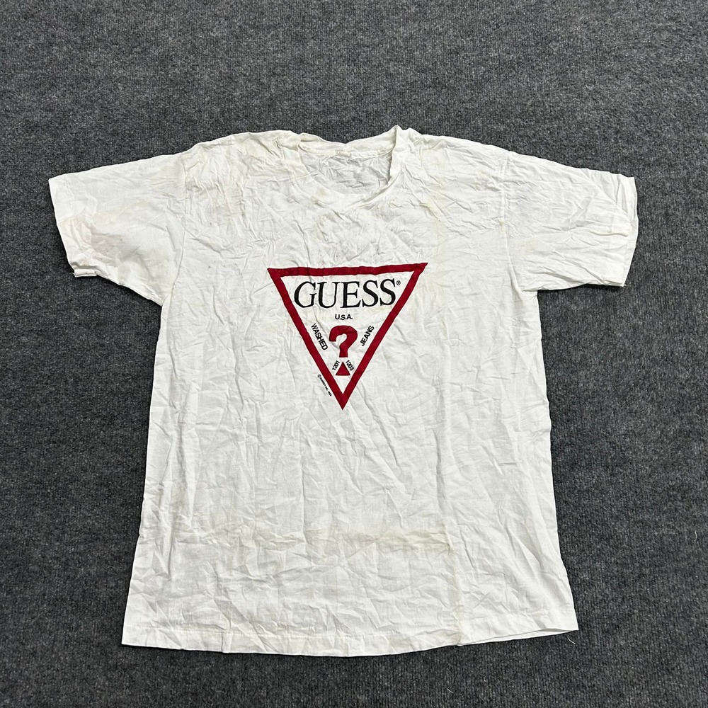 Guess T-Shirt Mens Size L White Vintage Triangle Logo Fest Graphic Distressed - Picture 2 of 7